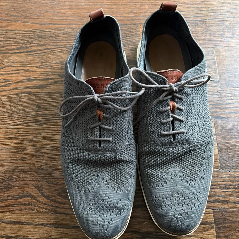 Cole Haan Gray Knit Wingtip Derby Shoes with Brown Accents